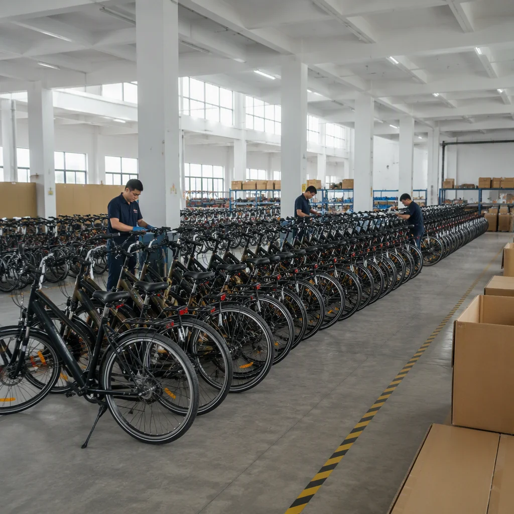 E-bike production floor with assembly lines and finished units ready for export packing