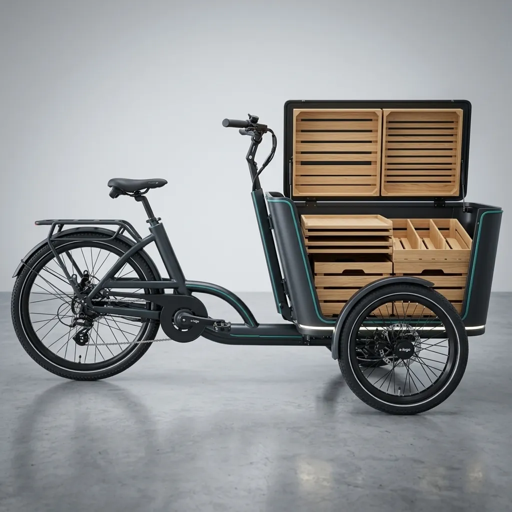 Open cargo box of an electric cargo tricycle fitted with stackable wooden trays and bread crates and pastry dividers
