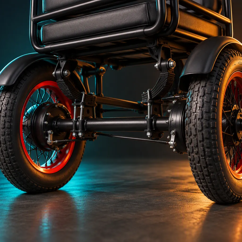 Rear axle of a three-wheeled cargo tricycle showing two rear wheels with enclosed drum brakes and leaf-spring suspension