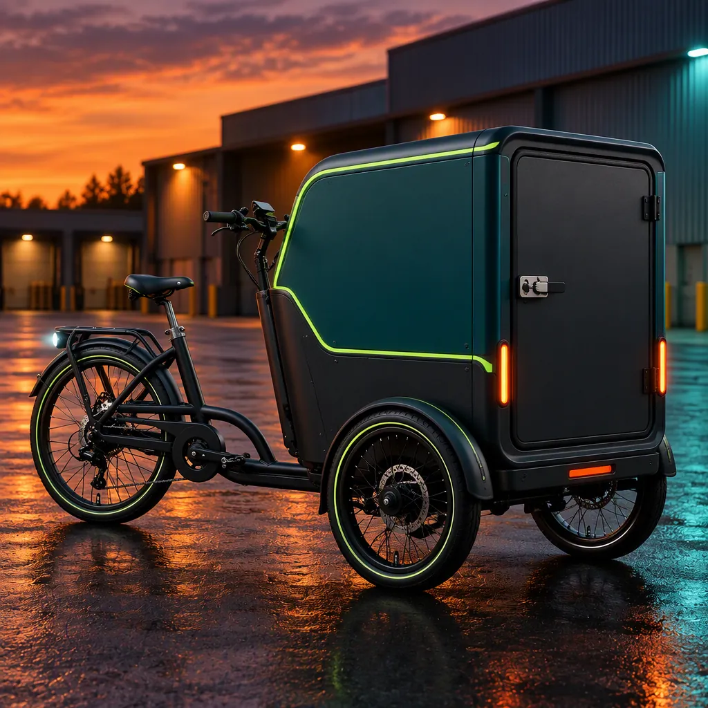 Sealed lockable cargo module with a rear door on the back of an enclosed cabin cargo tricycle, three wheels visible, in an unmarked loading yard at dusk