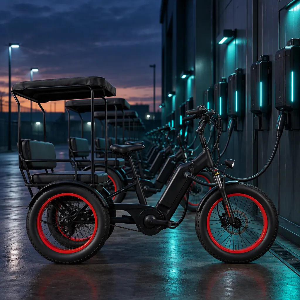 Row of three-wheeled electric cargo tricycles charging at a dusk fleet depot, cables connected and teal charging indicators lit