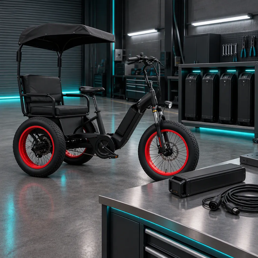Battery swap station in a fleet workshop: slide-out lithium pack on a steel bench beside a three-wheeled electric tricycle with a four-slot pack rack behind