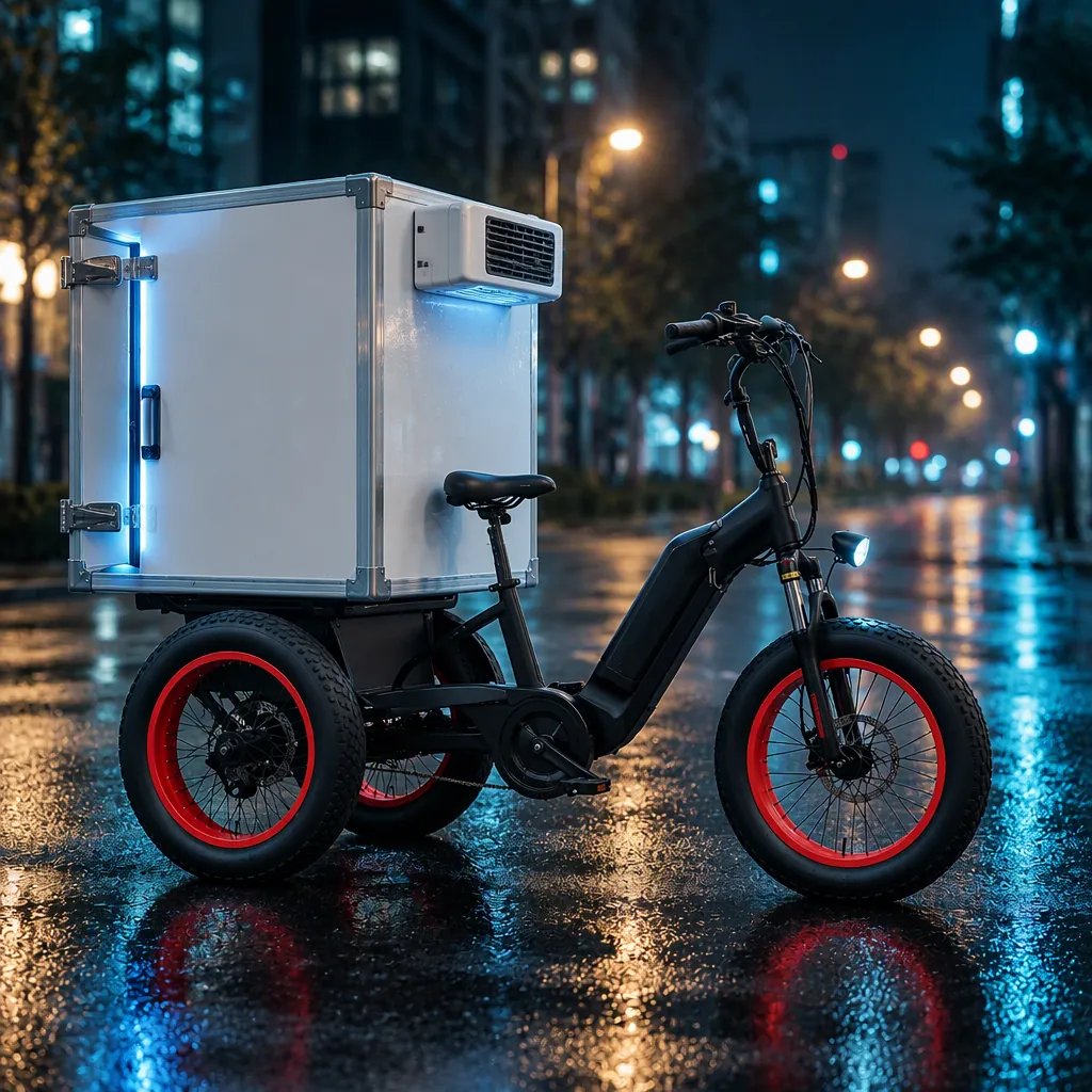 White insulated refrigerated cargo box mounted on the rear deck of a three-wheeled electric cargo tricycle, one front wheel and two rear wheels, dark wet city street at night with cold blue and teal lighting