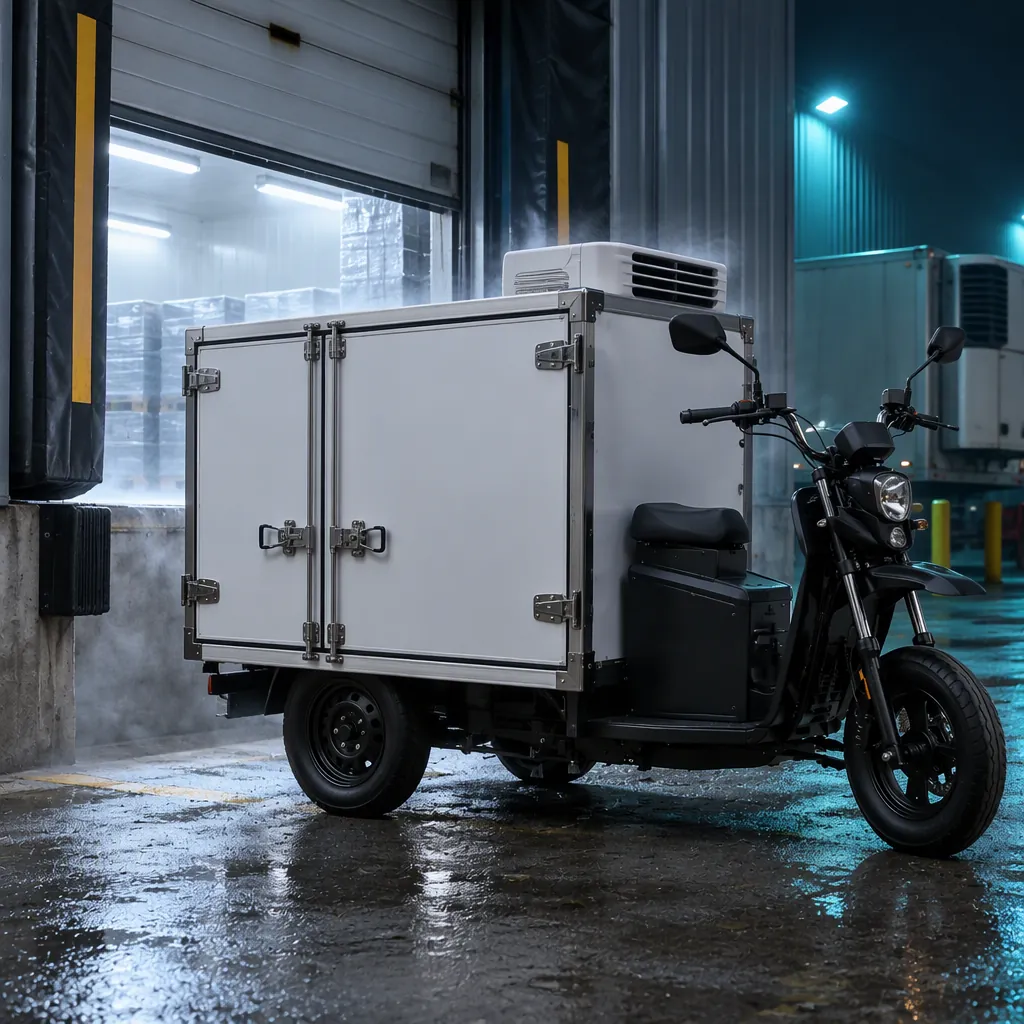 Three-wheeled refrigerated cargo tricycle with one front wheel and two rear wheels backed up to a cold-store loading dock at night, sealed white insulated box with a refrigeration unit on top
