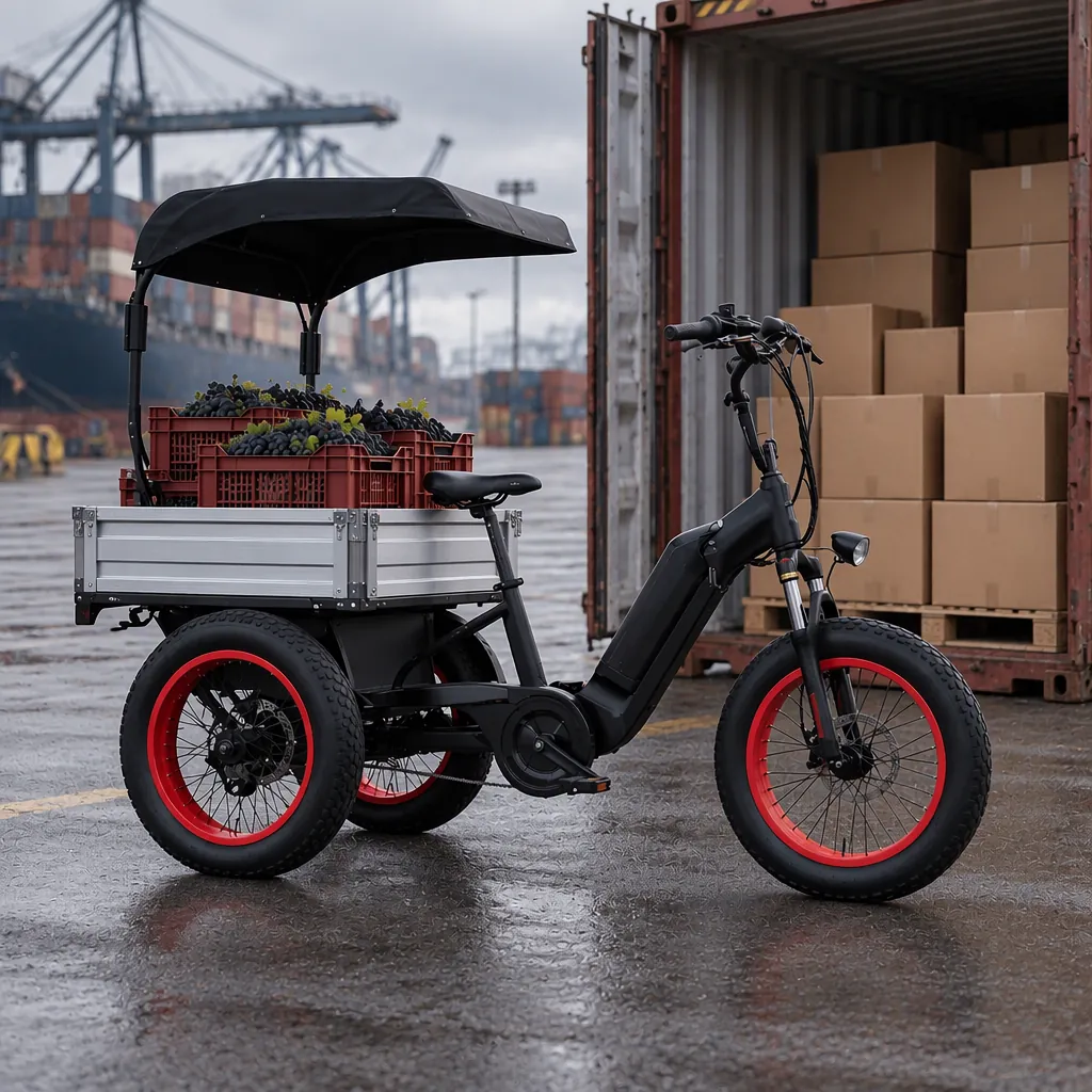 Three-wheeled electric cargo tricycle beside an open shipping container on a port yard with plain cartons stacked inside