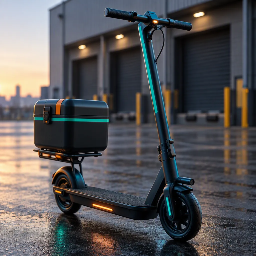 Delivery e-scooter fleet staged at a city depot before the morning shift