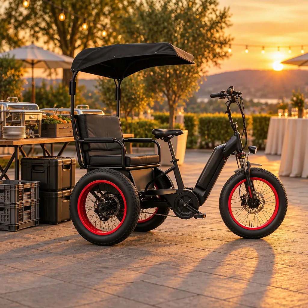 Event catering cargo tricycle parked on an outdoor terrace beside a folding service table and insulated food carriers at golden hour