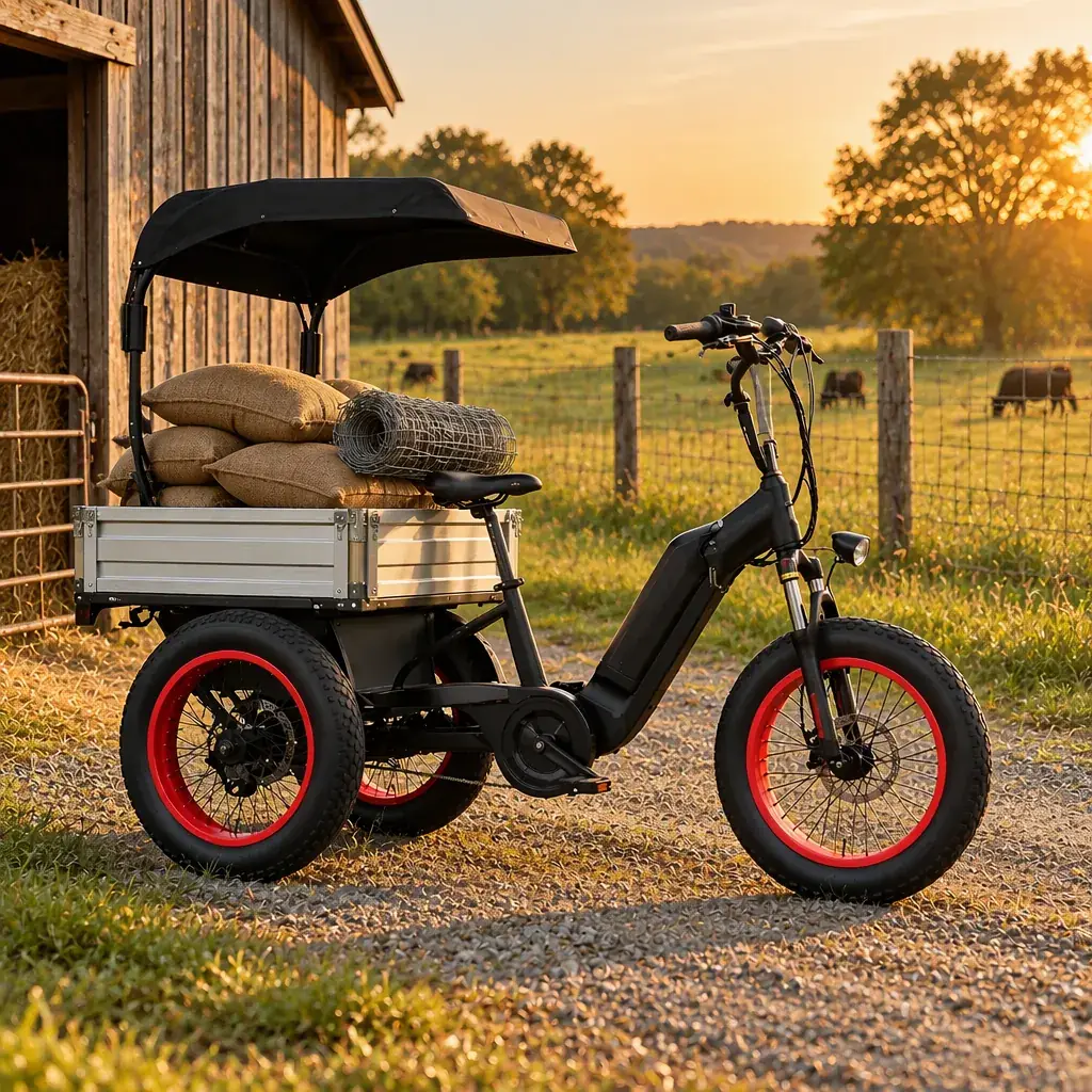 Three-wheeled electric cargo tricycle with a drop-side rear box loaded with feed sacks, parked on a gravel farm track beside a wooden barn