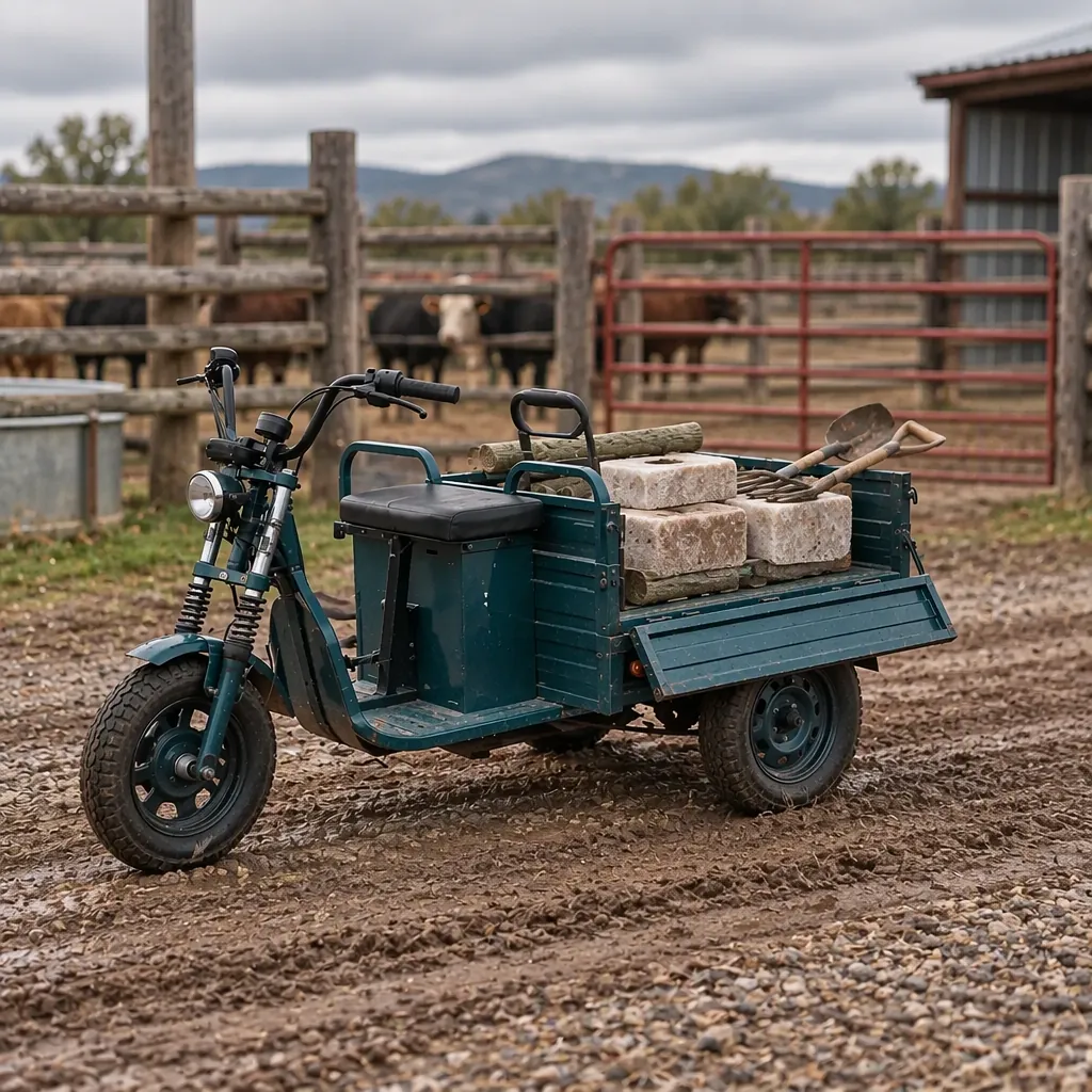 Three-wheeled electric cargo tricycle working a ranch yard with fence posts and tools in its rear cargo bed