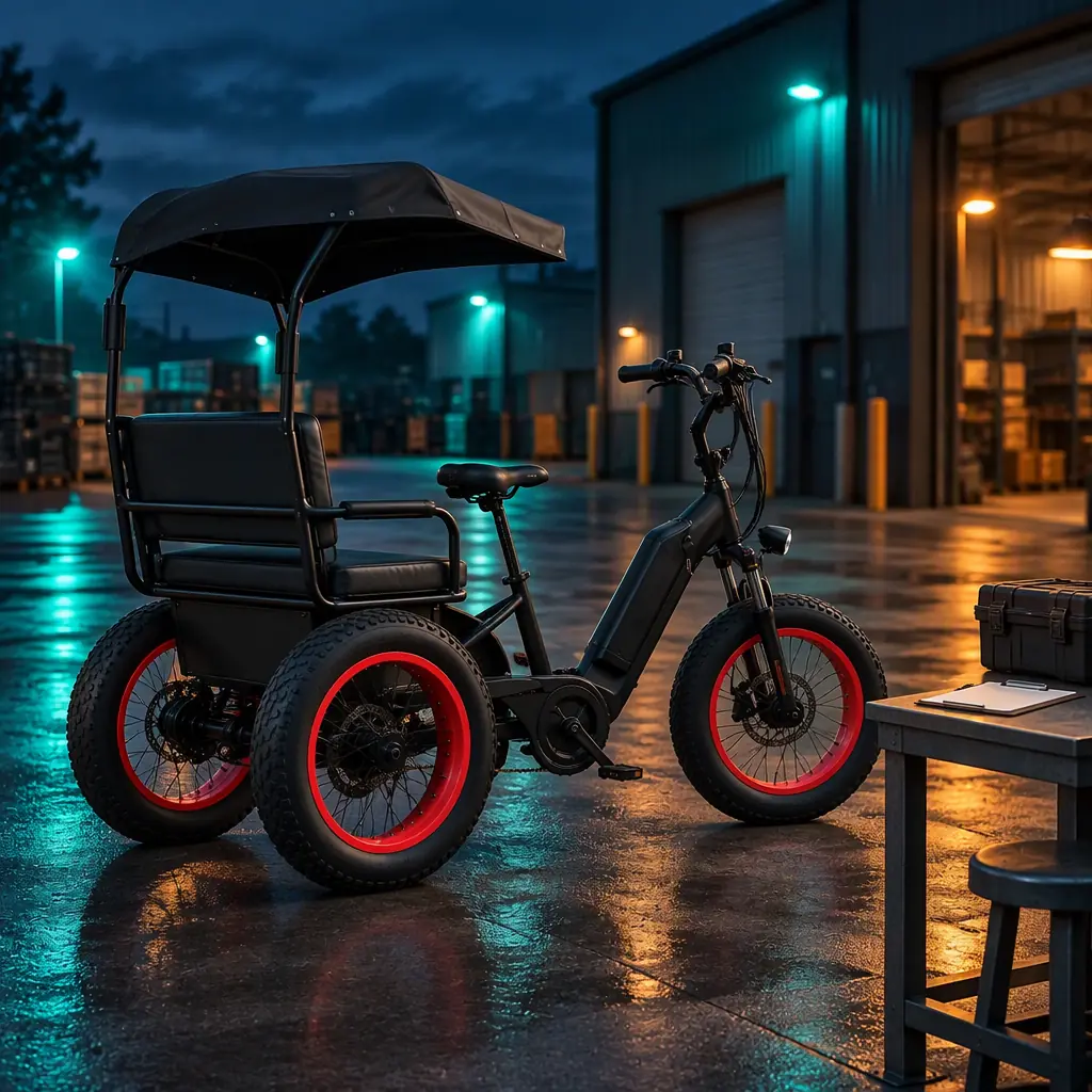 Electric three-wheeled cargo tricycle parked in a depot yard at blue hour with a workbench beside it