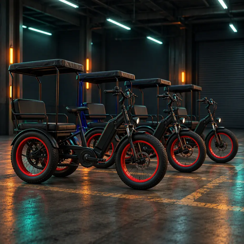 Row of four identical electric three-wheeled tricycles parked in formation inside a fleet depot bay