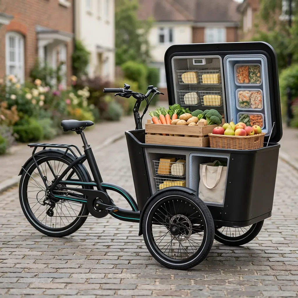 Divided cargo box interior of an electric tricycle with chilled, frozen and ambient grocery compartments