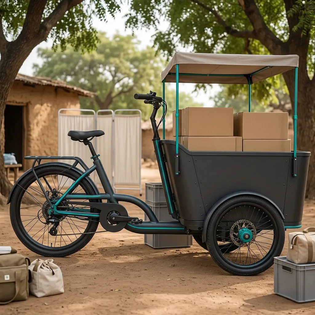 Three-wheeled electric cargo tricycle with a canopy set up as a mobile clinic station in a village clearing