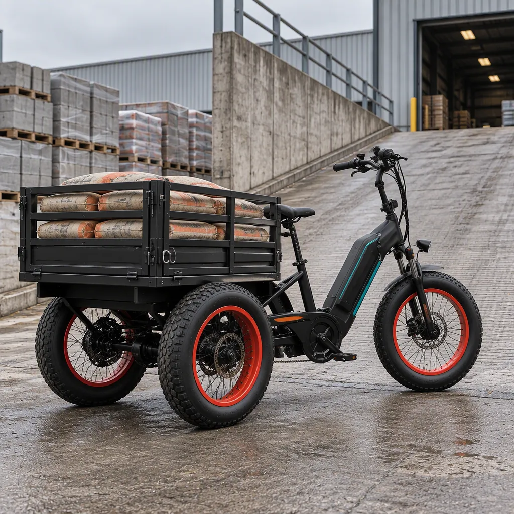 Heavy-duty three-wheeled cargo e-tricycle with a reinforced front cargo box on a steep paved incline
