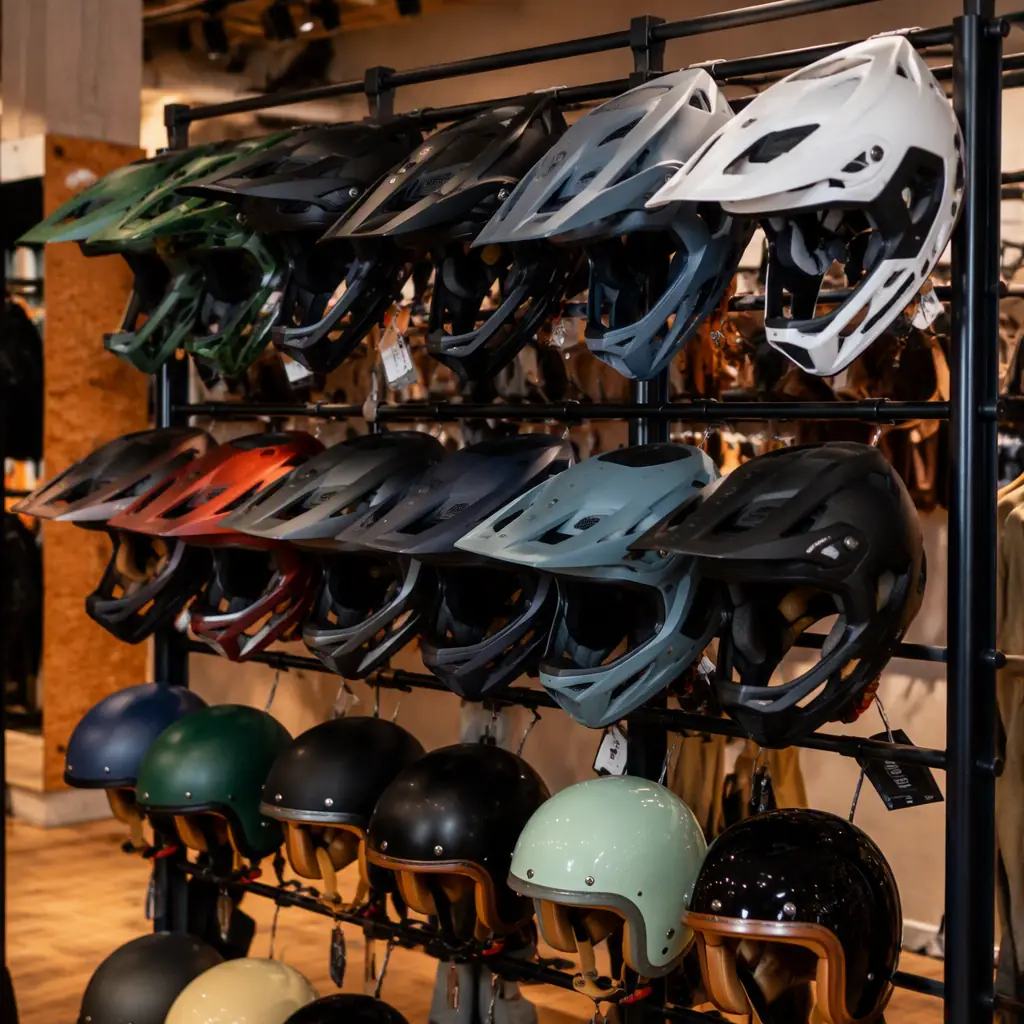 Retail range of e-bike and scooter helmets in assorted shell styles on a display rack