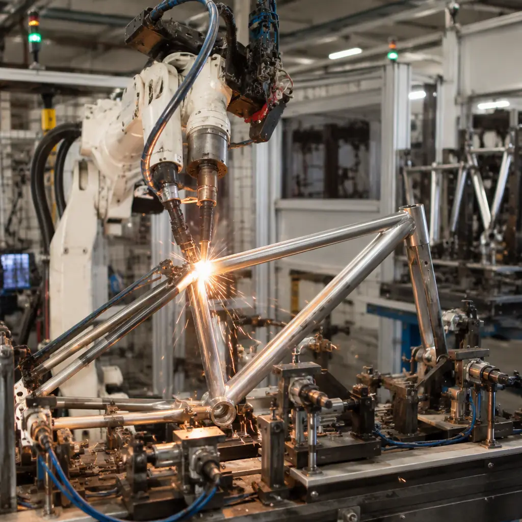 Steel cargo-trike chassis frame being welded on a real manufacturing-line jig by a robotic welder