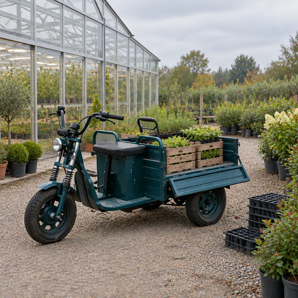 Electric cargo tricycle with an open flatbed parked on a gravel path beside a glass greenhouse, carrying wooden tray crates of plants