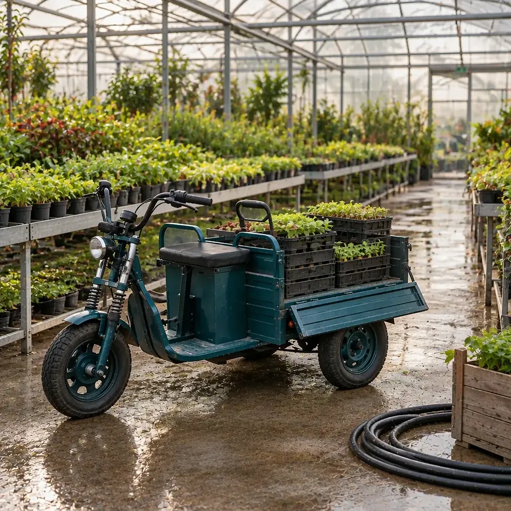Electric cargo tricycle with a low flatbed beside greenhouse benches, loaded with plant trays, a coiled irrigation hose and a wooden crate nearby
