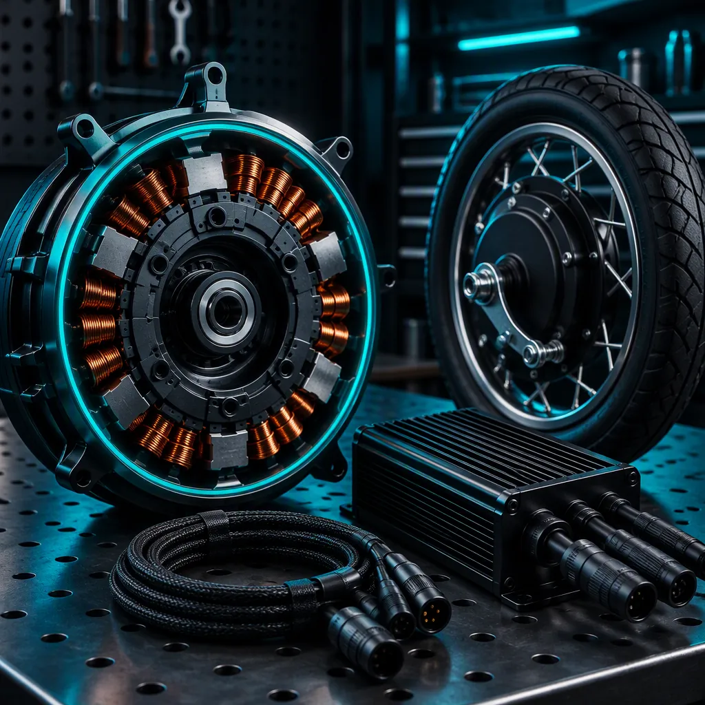 Disassembled electric hub motor stator with copper windings, a hub-motor wheel, a finned controller and coiled braided cables laid out on a perforated steel service bench in a dark workshop