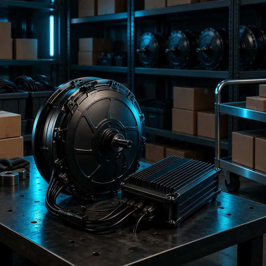 Workshop parts store: a hub motor and finned controller on a steel bench with dark shelving of plain unmarked boxes and spare wheel hubs behind, lit by a blue LED strip