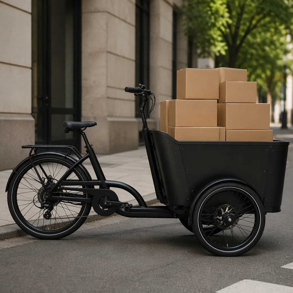 Front-loading electric cargo tricycle with a large black box carrying stacked cardboard boxes on a city street
