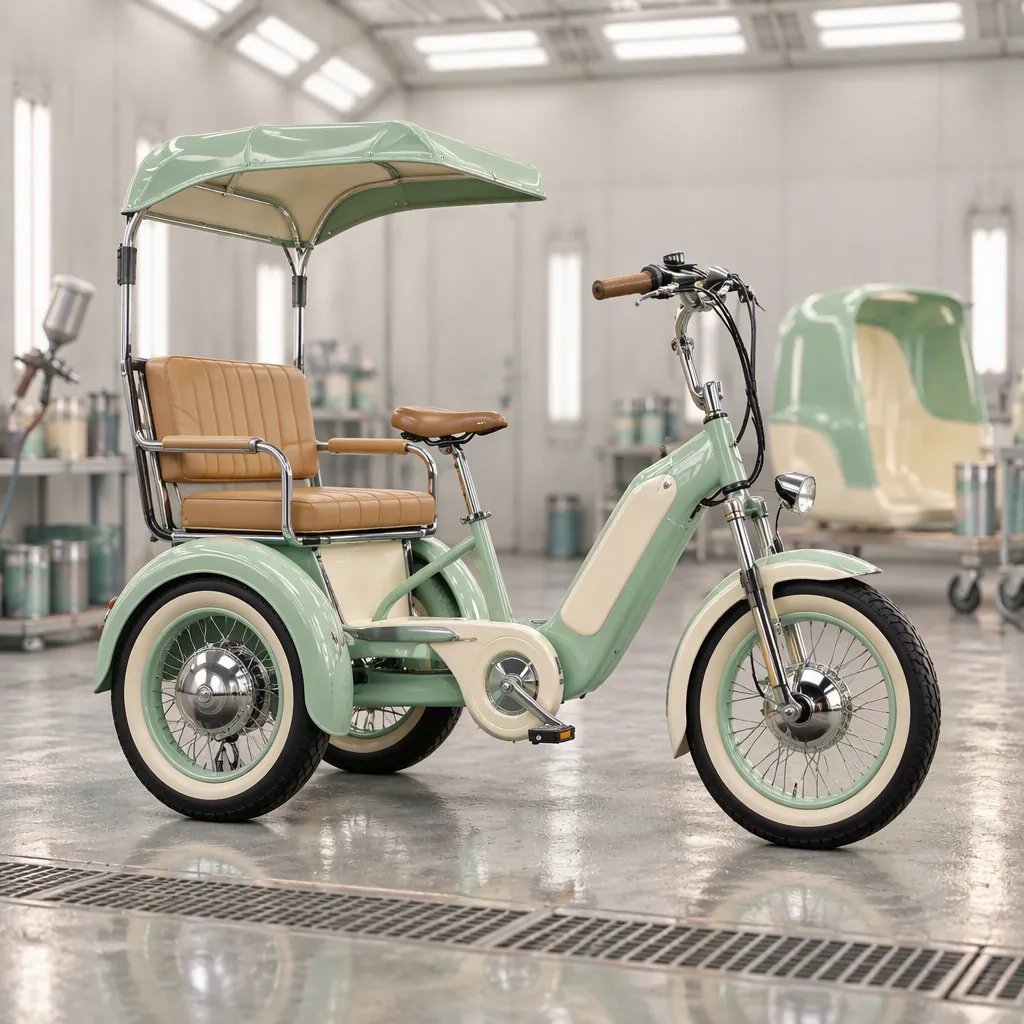 Mint and cream retro-styled three-wheeled electric tricycle in a paint shop, one front wheel and two rear wheels, chrome trim and tan leatherette bench seat, fresh body shell beside it