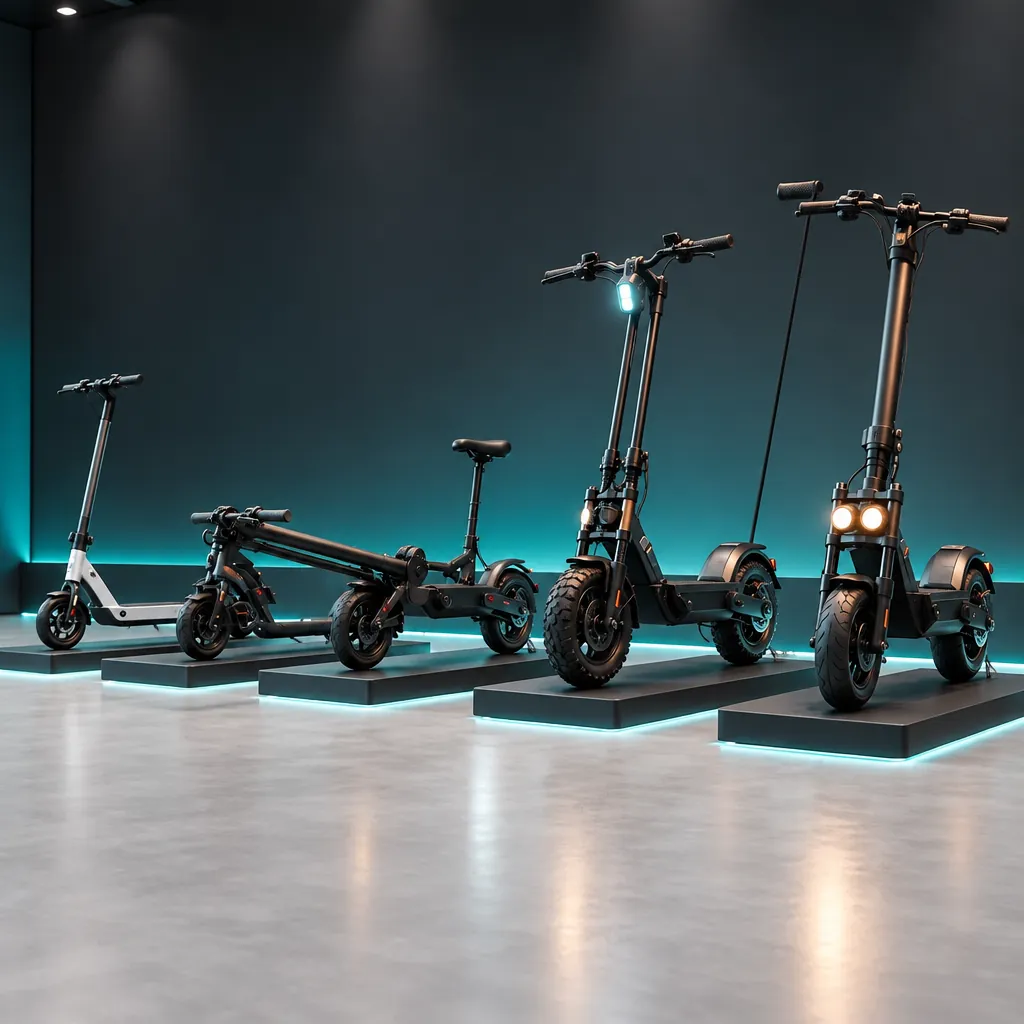 Four electric scooter platforms and cargo tricycles on a showroom floor