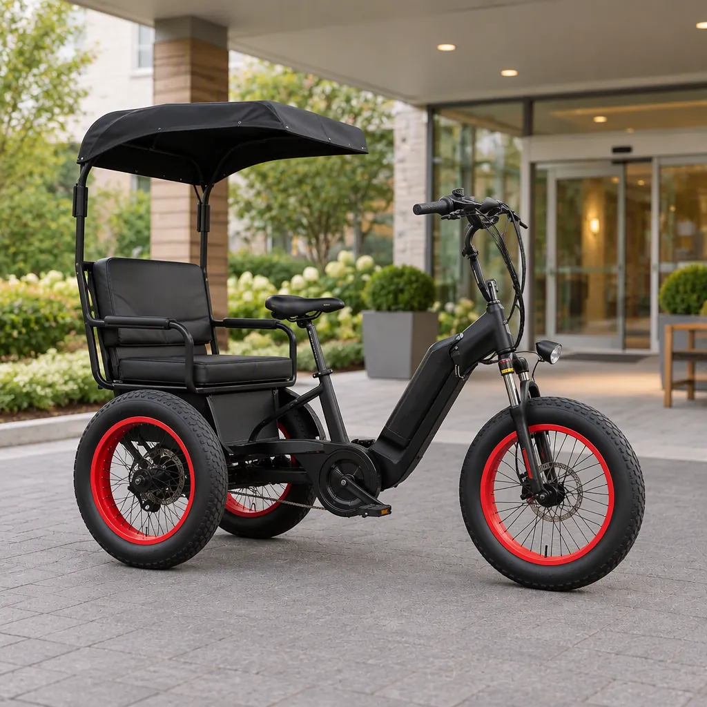 Delta three-wheeled adaptive mobility tricycle with step-through frame at a care facility entrance