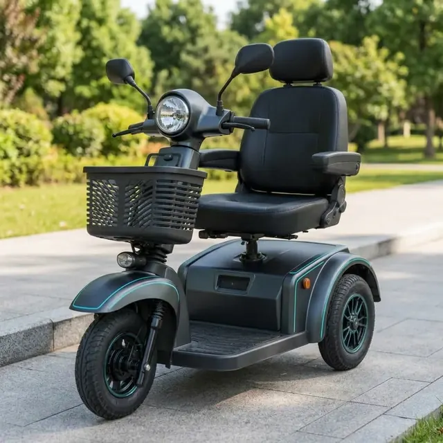Delta three-wheel adaptive electric tricycle with step-through frame and captain seat on an accessible park path