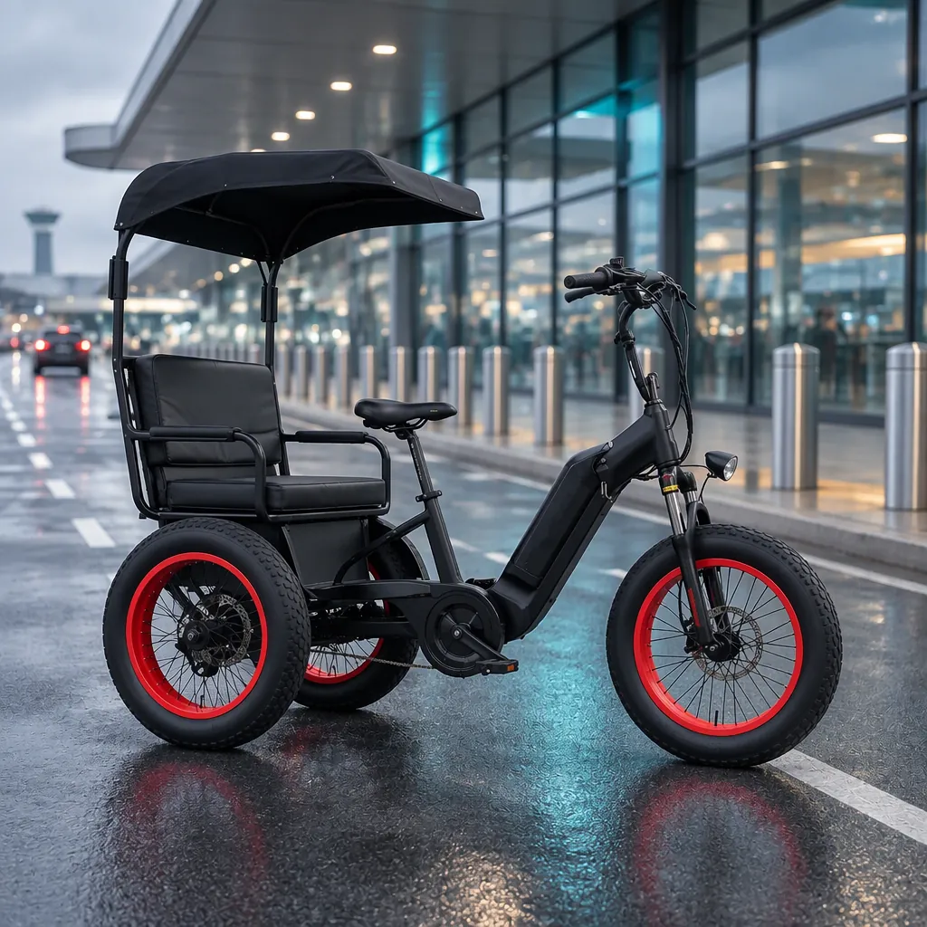 Electric passenger shuttle tricycle with one front wheel and two rear wheels and a canopy, parked at an airport terminal curbside