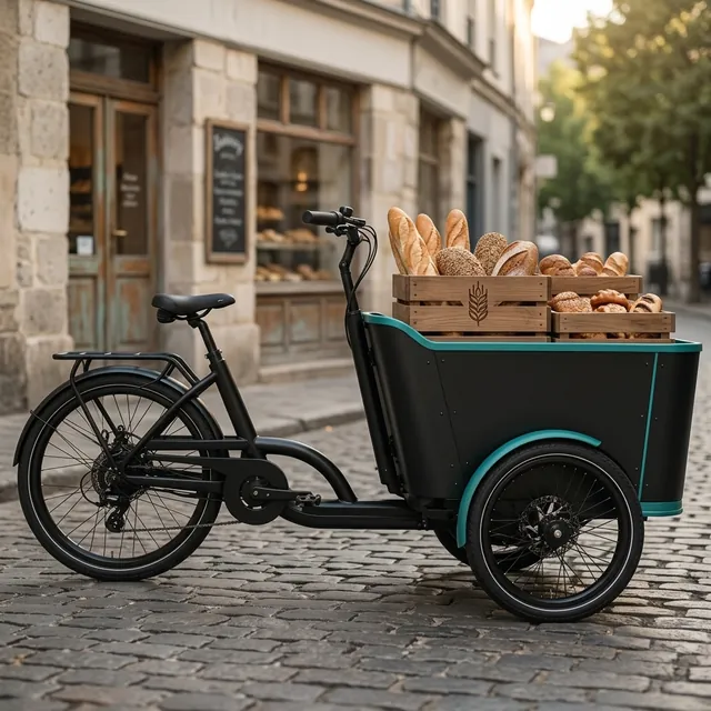 Electric cargo tricycle loaded with wooden bread crates outside a bakery storefront