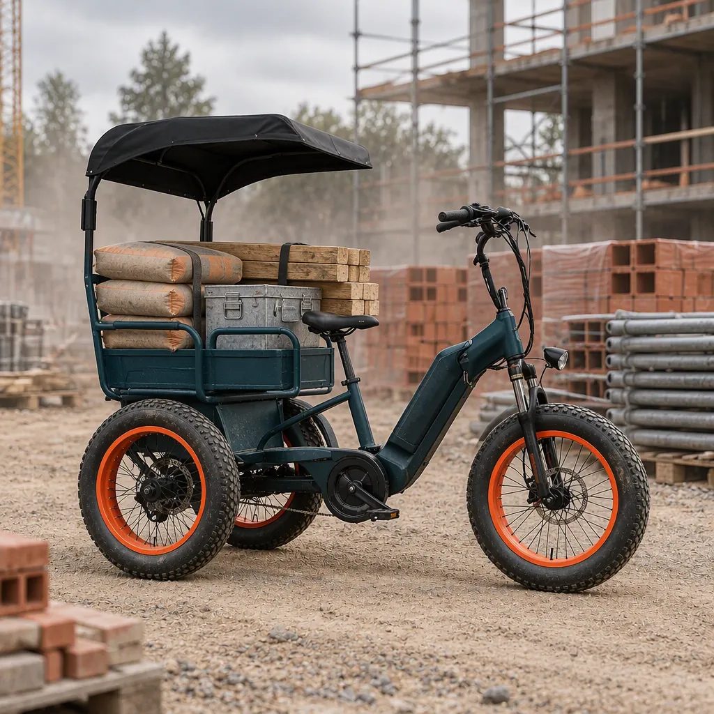 Three-wheeled electric cargo tricycle carrying cement bags, timber and a tool crate at a construction site laydown area