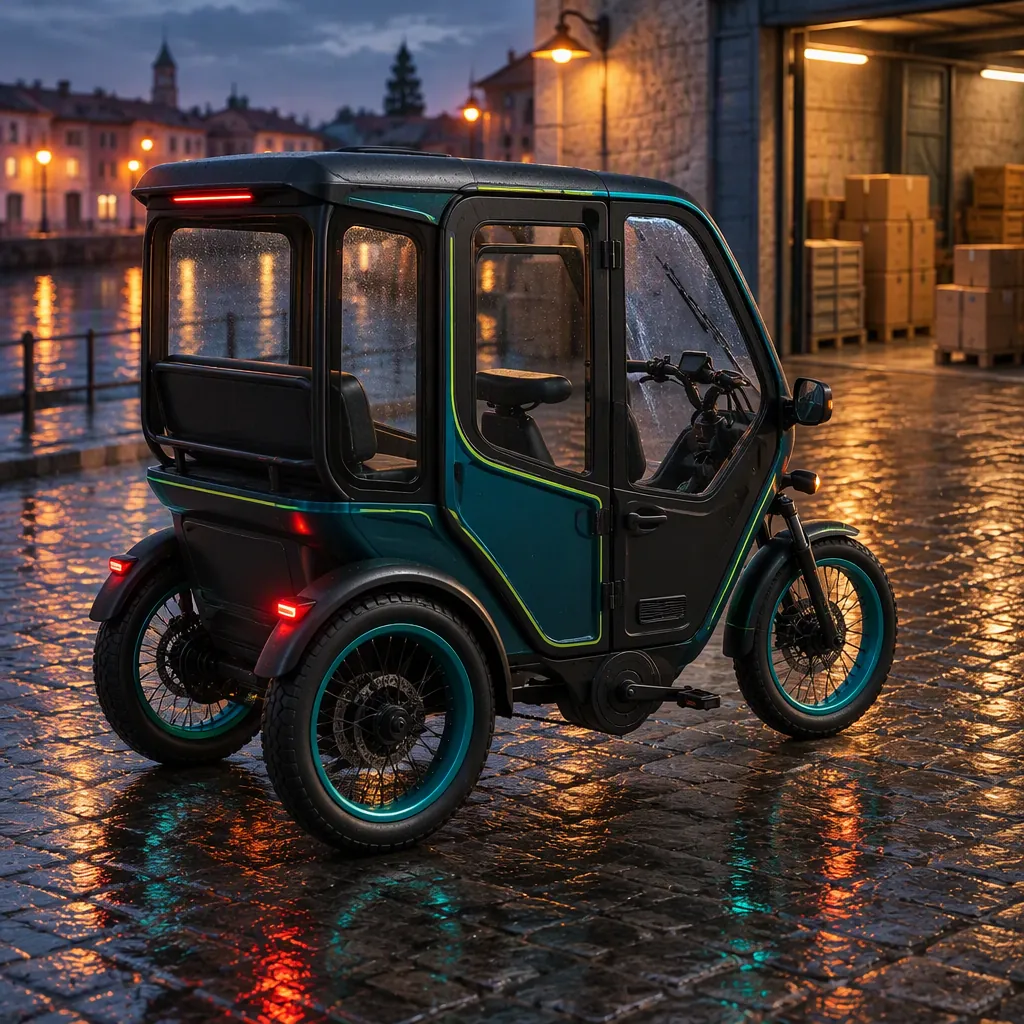 Fully enclosed three-wheeled electric cargo tricycle with a cabin, two rear wheels, and rain on the windshield, dark studio with teal rim lighting