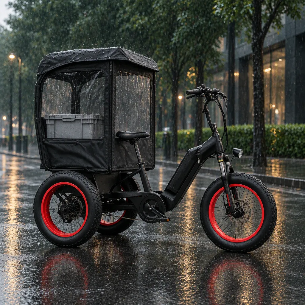 Three-wheeled electric cargo tricycle with a full weathertight canopy driving through rain on a city street