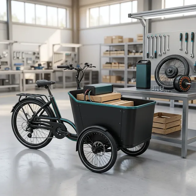 Black electric cargo tricycle in a factory with a battery pack, hub motor and wheel staged on a workbench beside it, steel cargo box and dual rear wheels