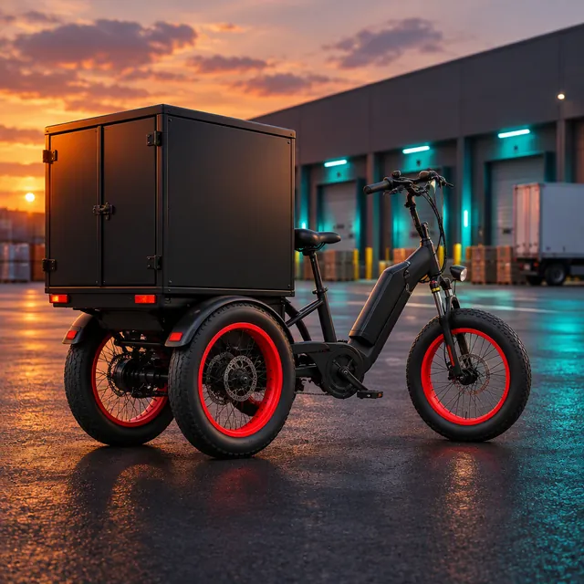 Three-wheeled electric cargo tricycle with a matte black rear cargo box in an industrial logistics yard at dusk