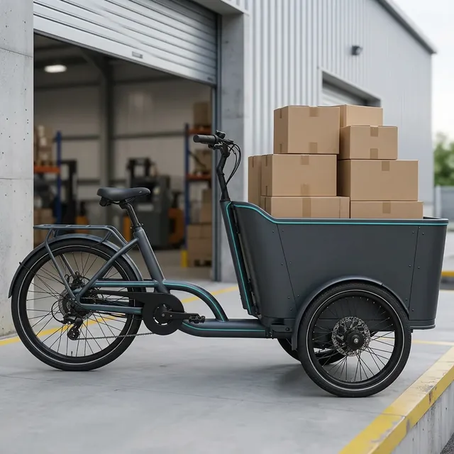Black electric cargo tricycle loaded with boxes, reinforced load-rated dual rear wheels and steel cargo box