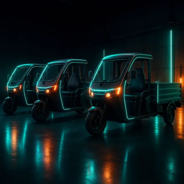 Three-wheeled electric tricycle on display in a dark dealership showroom with teal accent lighting