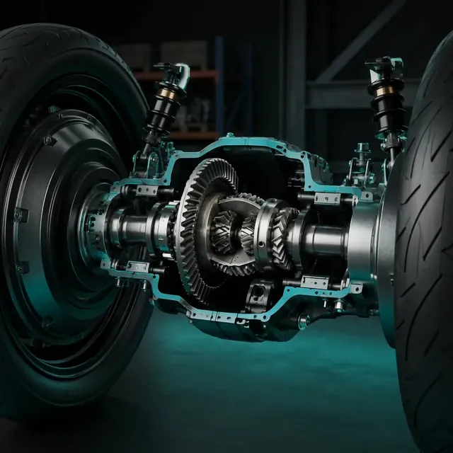 Black electric cargo tricycle rear axle cutaway with differential gears, half shafts and dual load-rated rear wheels