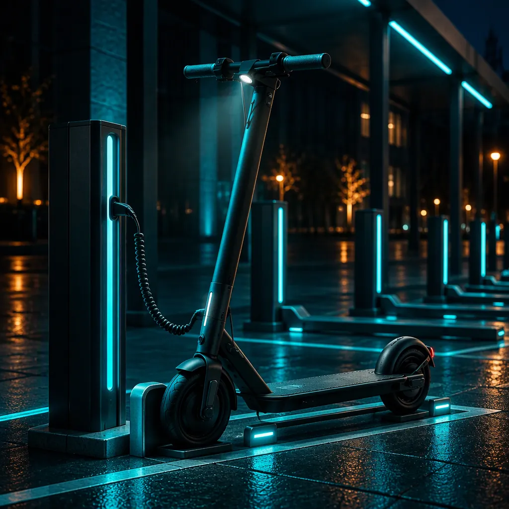 Two-wheel electric kick scooter charging at an urban charging dock with an illuminated charging post and coiled cable