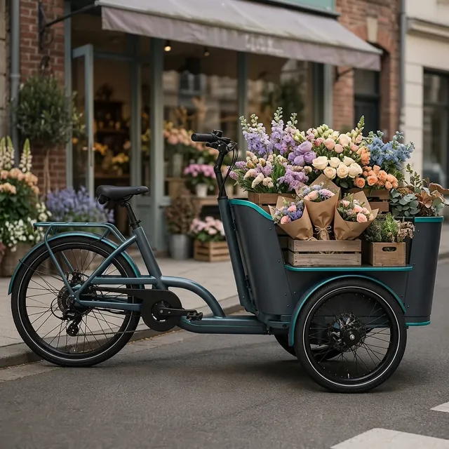 Electric cargo tricycle loaded with fresh flower buckets outside a florist shop in daylight