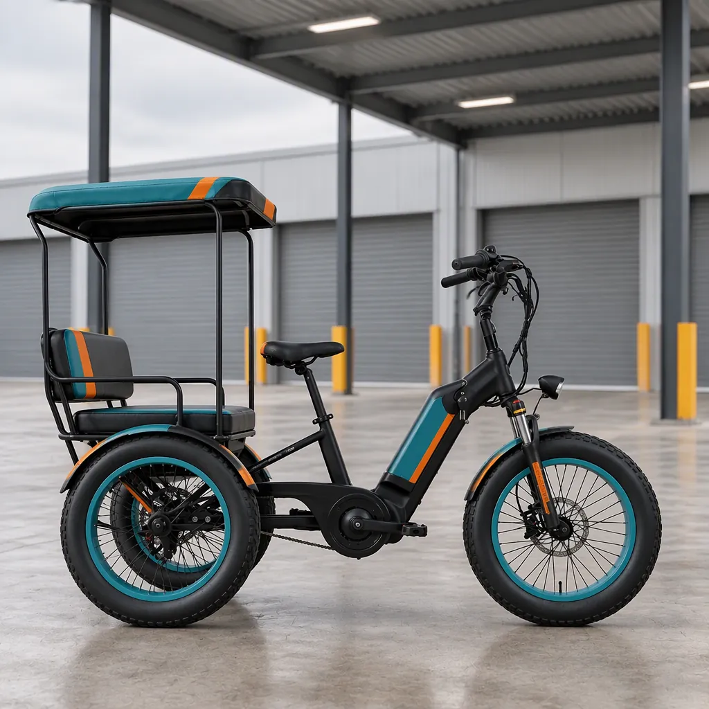 Three-wheeled electric tricycle with one front wheel and two rear wheels parked under a mobile-service canopy at a district operator depot