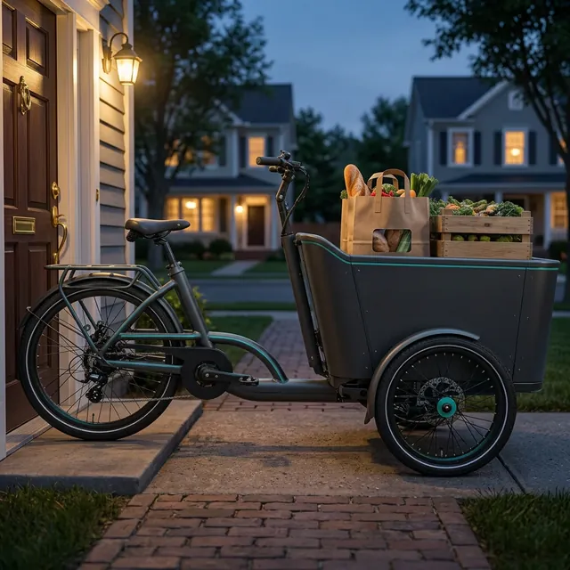 Electric cargo tricycle loaded with grocery crates on a suburban street at dusk