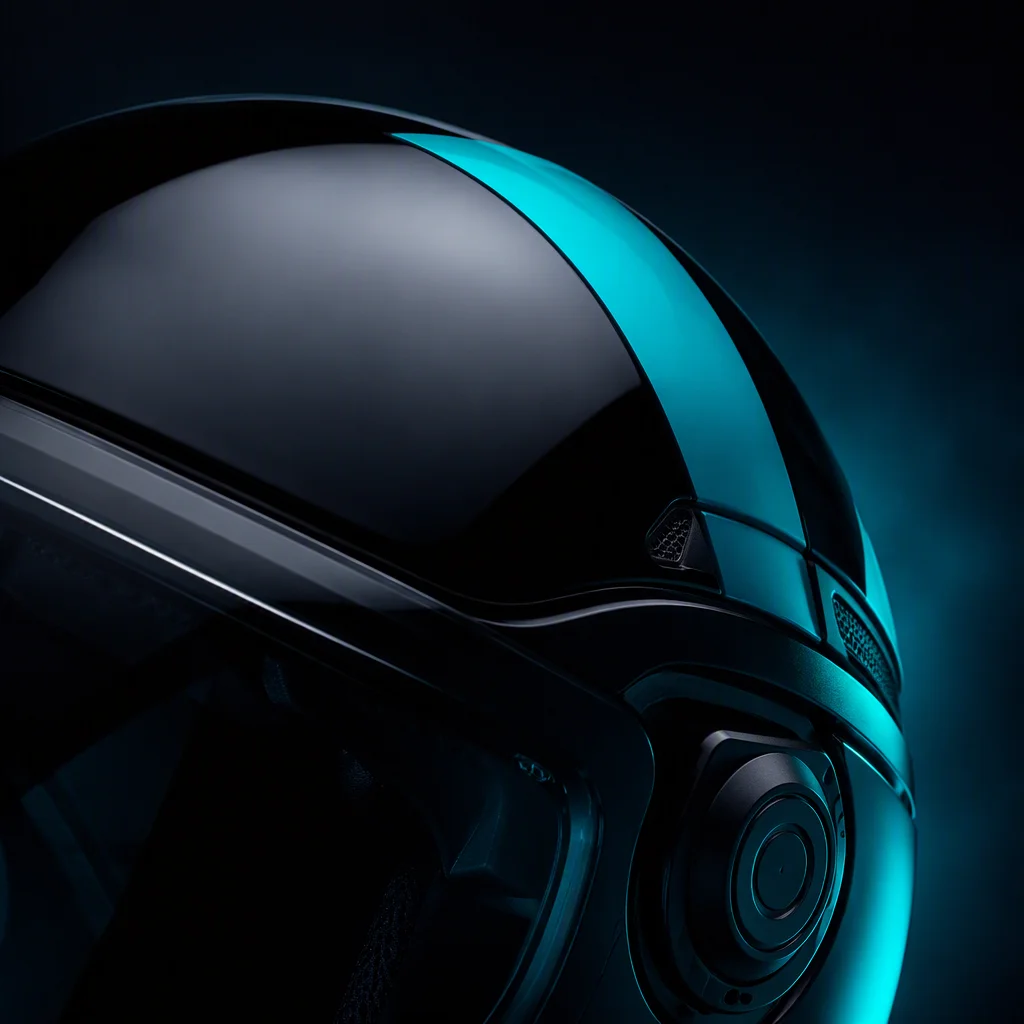 Glossy black open-face helmet with teal racing stripe on a dark studio backdrop