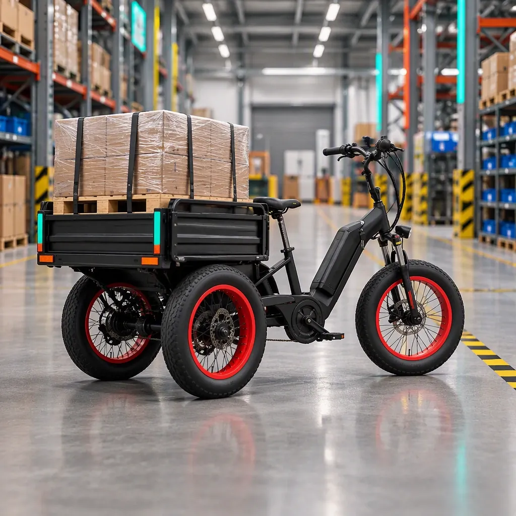 Industrial three-wheeled electric e-tricycle carrying a palletized load down a factory aisle between storage racking