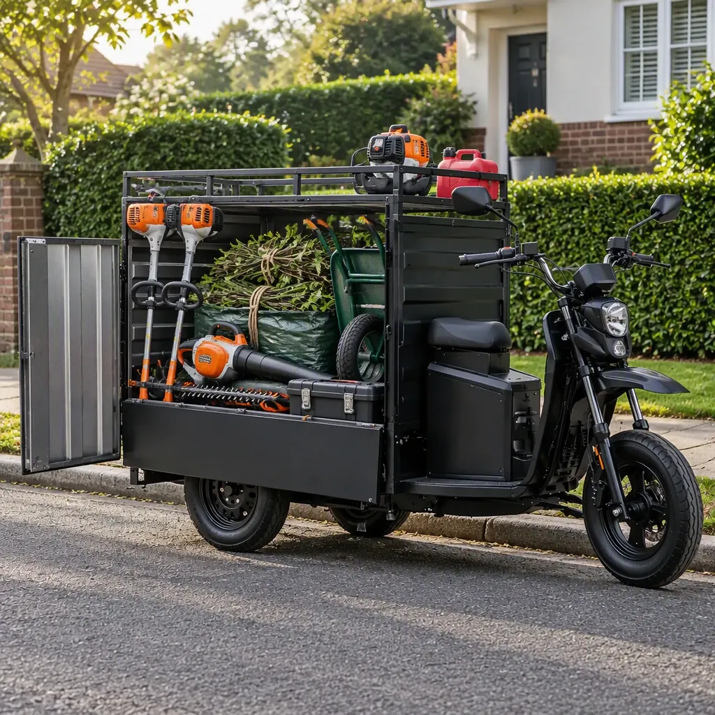 Two three-wheeled electric utility tricycles staged in a groundskeeping yard with green-waste drop-side boxes
