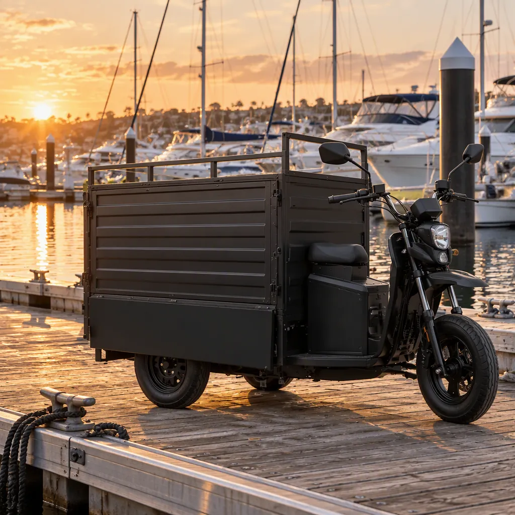 Delta three-wheeled electric cargo tricycle parked on a wooden floating dock at a marina with moored boats behind