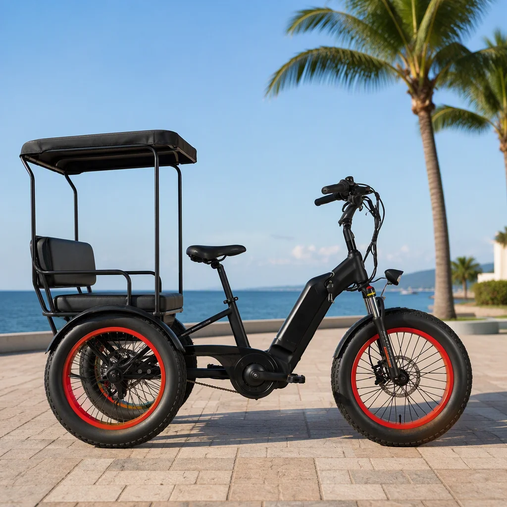 Passenger e-tricycle with canopy and bench seat beside a front-loading cargo e-tricycle on a coastal promenade