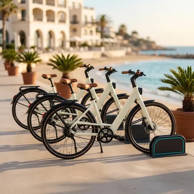 Row of identical step-through rental e-bikes parked on a coastal resort promenade