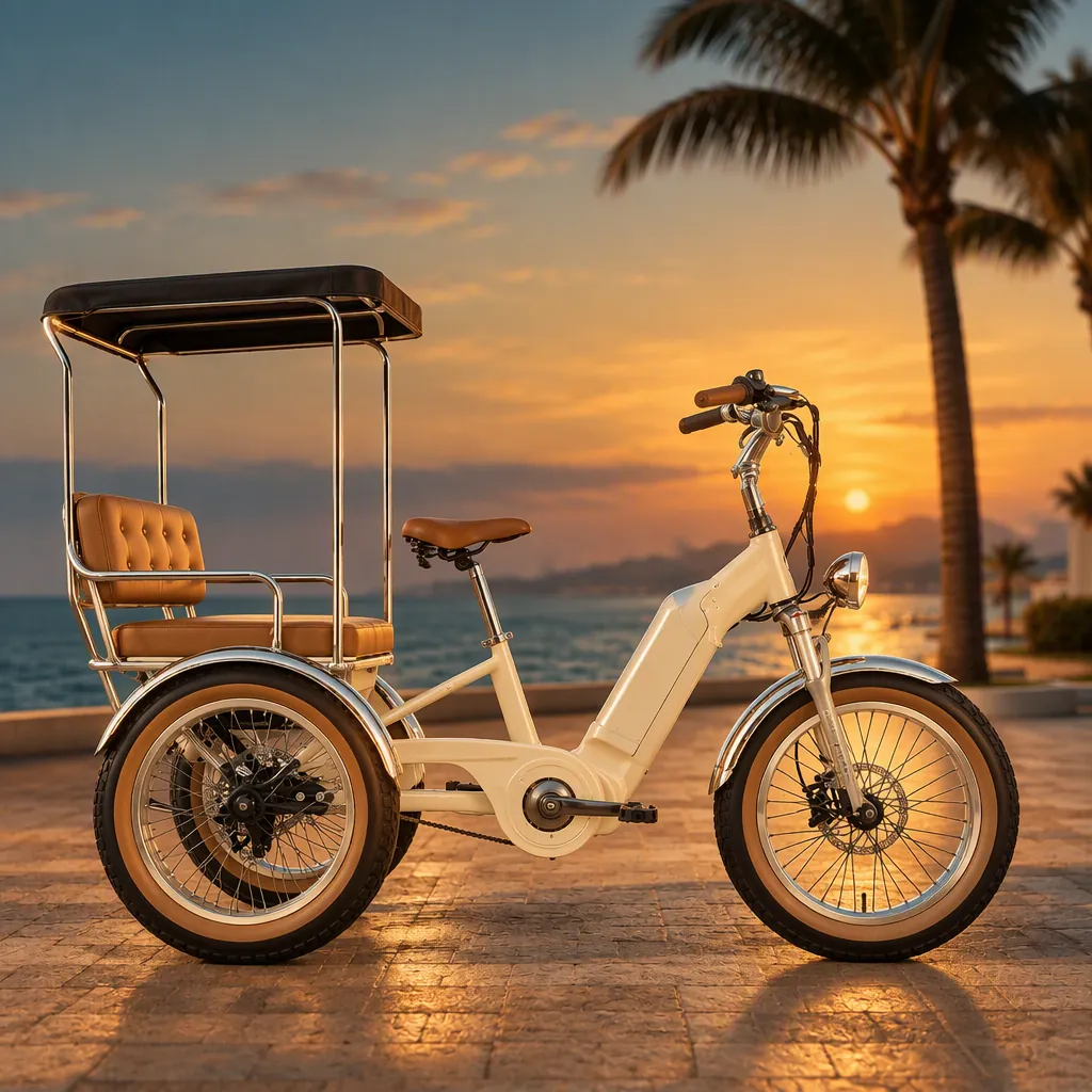 Cream retro-styled three-wheeled electric passenger tricycle with one front wheel and two rear wheels, chrome headlight and tan leatherette bench seat under a canopy, on a seaside promenade at dusk